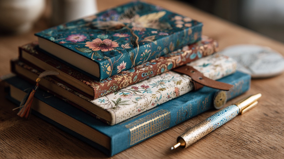 Stack of beautifully decorated hardcover journals with floral and ornate covers, placed on a wooden table with a matching pen