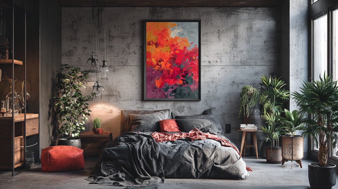 Bedroom with a large, colorful abstract poster in red, orange, and purple tones hung above a bed with gray and red accents, surrounded by plants