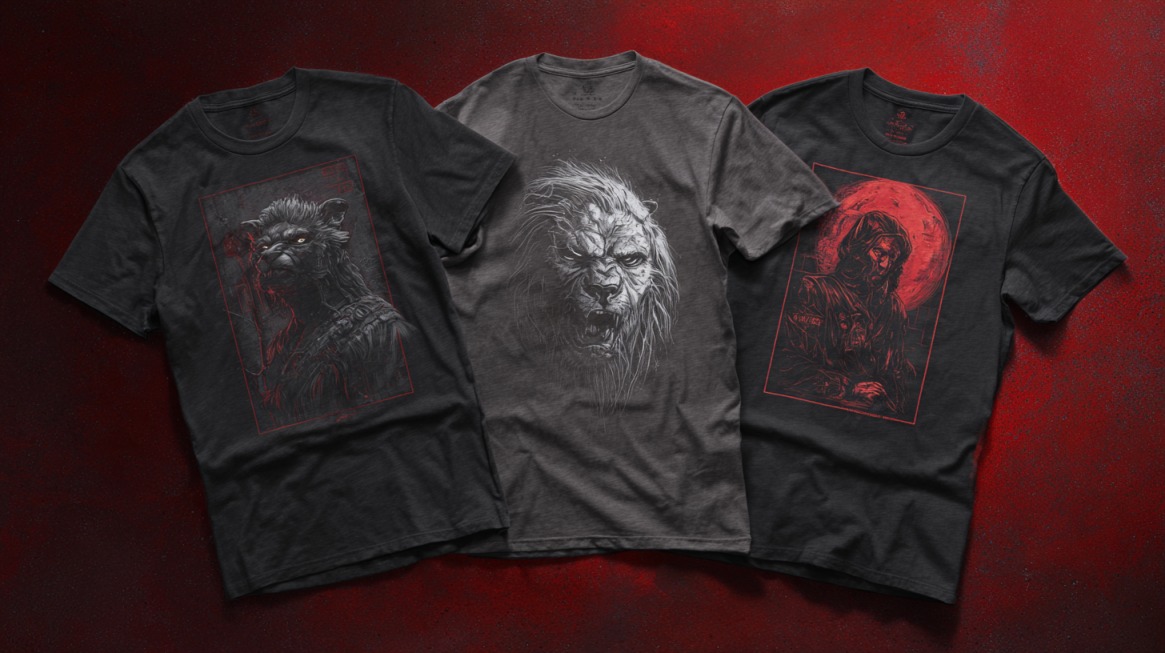 Three dark t-shirts laid out on a red background, each featuring detailed graphic artwork of animals and figures in a dramatic style