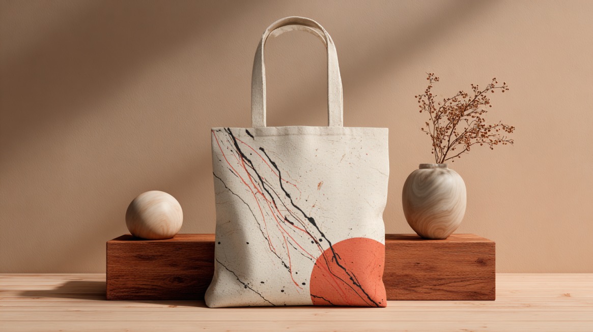 Canvas tote bag with a modern abstract design featuring black and red brush strokes and a red circle, displayed on a wooden block with minimalist decor