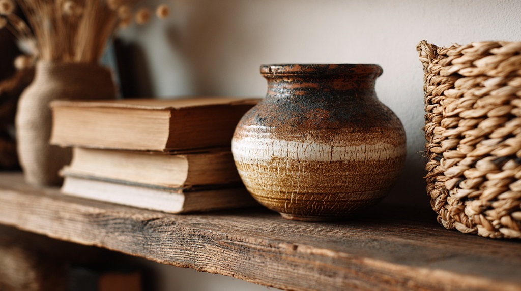 Rustic shelf with a ceramic pot, old books, and woven basket captured in soft natural light