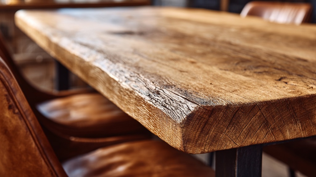 Close-up of a solid oak table with natural edge and visible grain, paired with brown leather chairs