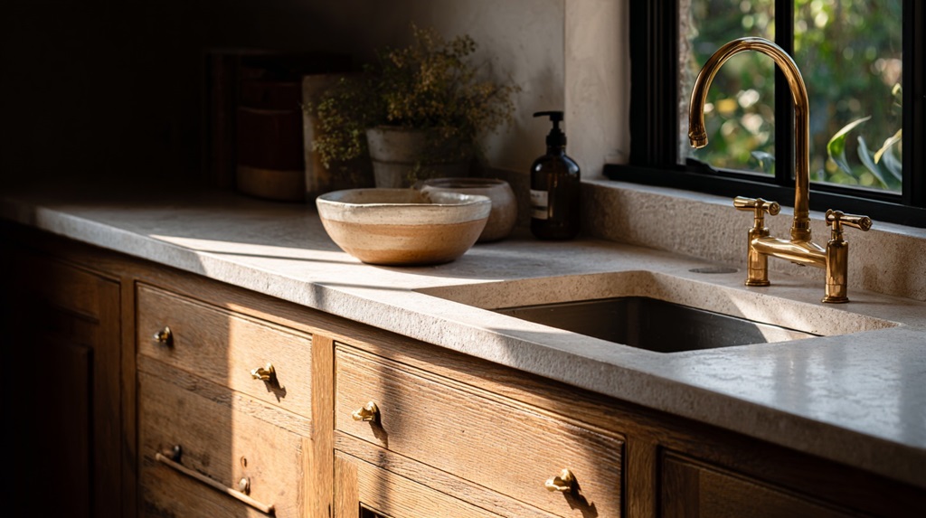 Rustic kitchen with wooden cabinetry, stone countertop, and brass faucet illuminated by soft daylight.