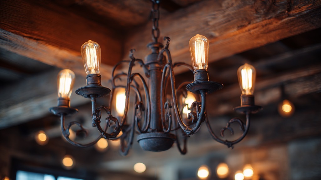 Rustic iron chandelier with exposed Edison bulbs glowing warmly against wooden ceiling beams