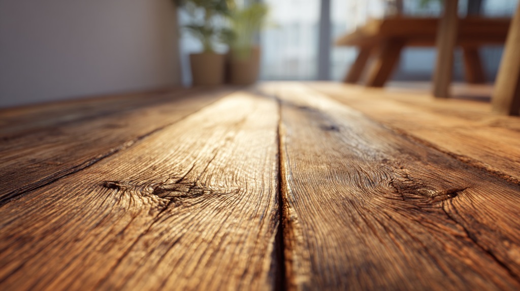 Natural wooden flooring made of wide reclaimed planks with knots and sunlit texture