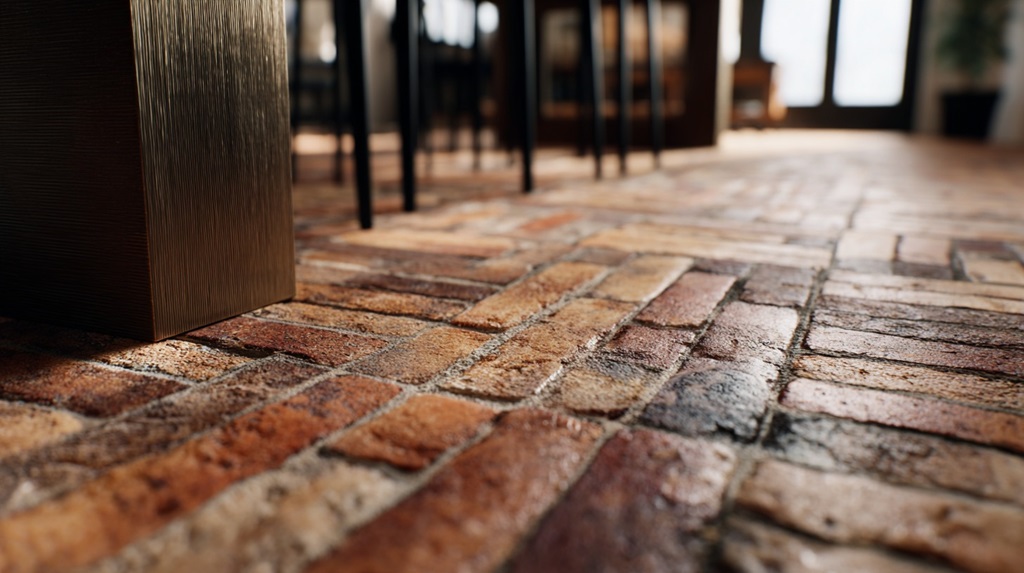 Close-up of thin brick flooring laid in herringbone pattern with subtle patina and natural light reflections