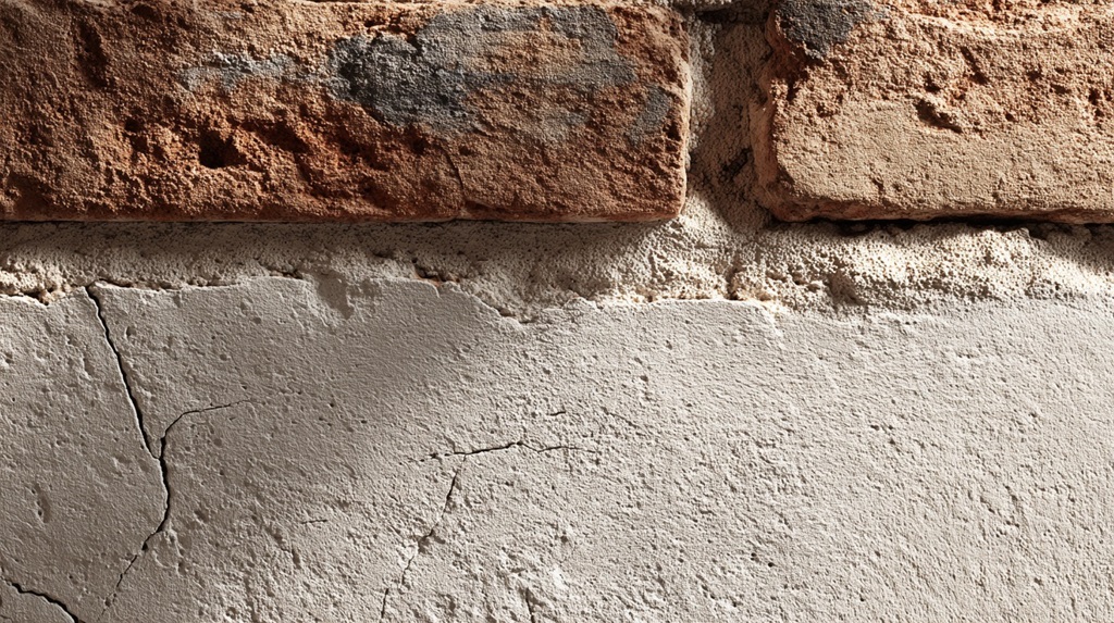Rustic wall detail combining exposed red brick and lime plaster with natural cracks and texture.