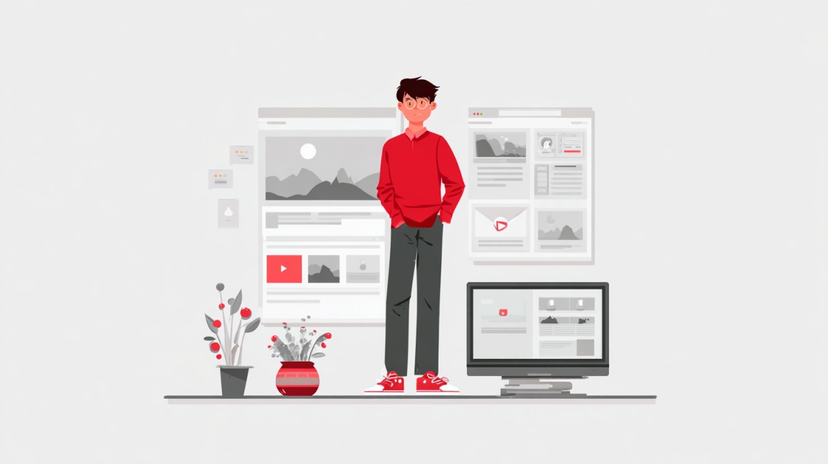 Illustration of a person standing beside simple website layouts on screens