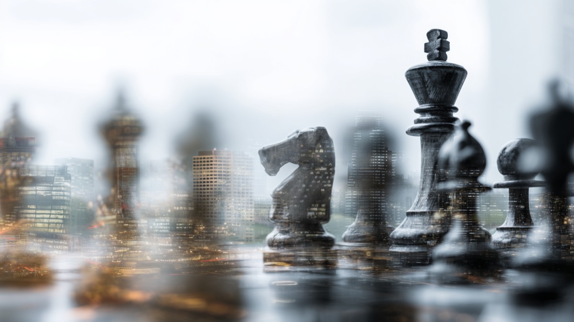 Chess pieces overlaid on a city skyline symbolizing strategic business planning