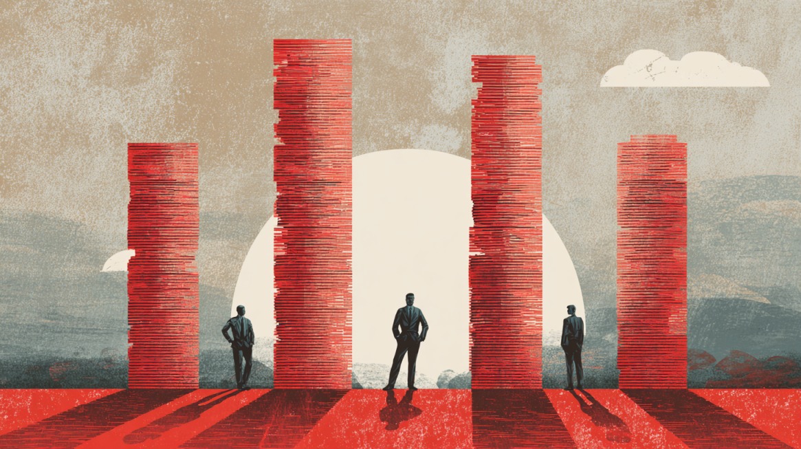 Illustration of three businesspeople standing before tall red stacks symbolizing private equity value creation