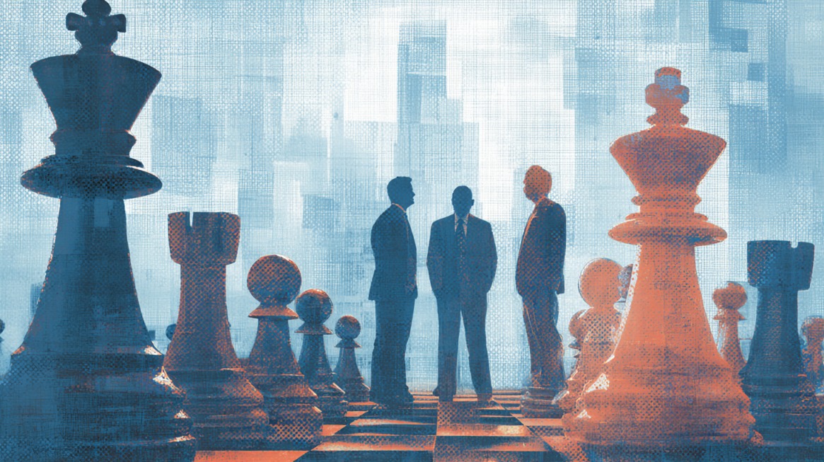 Illustration of three business professionals standing among oversized chess pieces symbolizing strategy