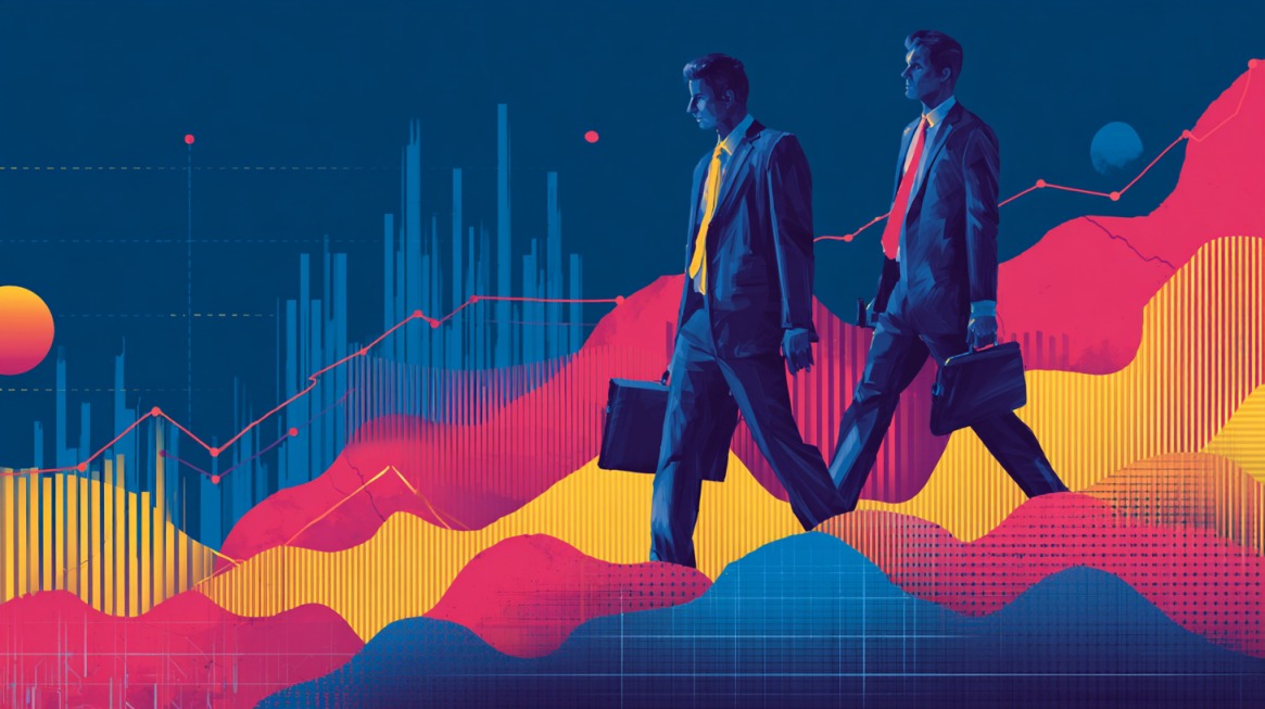 Illustration of two business professionals walking across colorful financial graphs and data lines