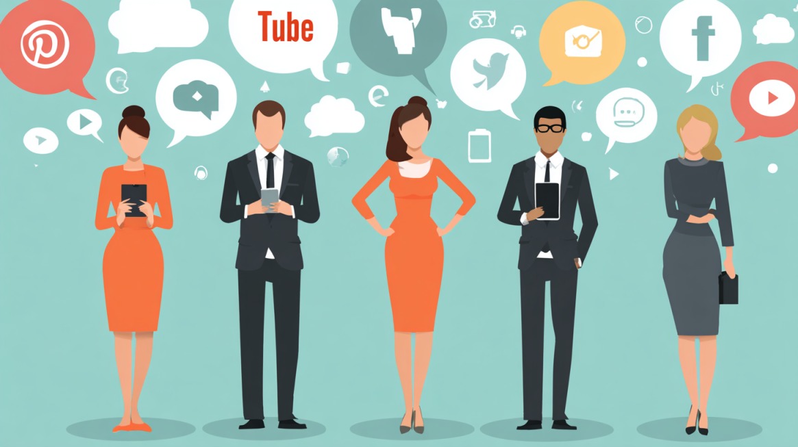 Illustration of professionals using mobile devices with social media icons above them