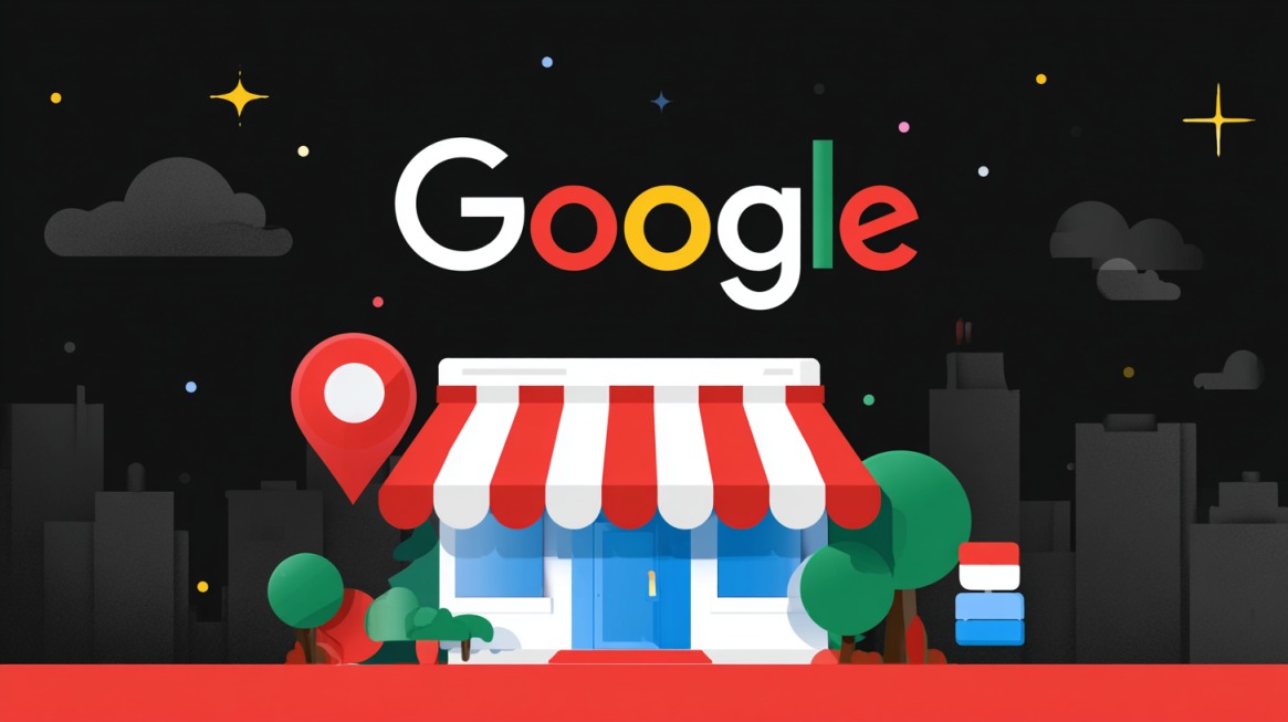 Illustration of a small shop with a red and white awning under the Google logo and a location pin icon