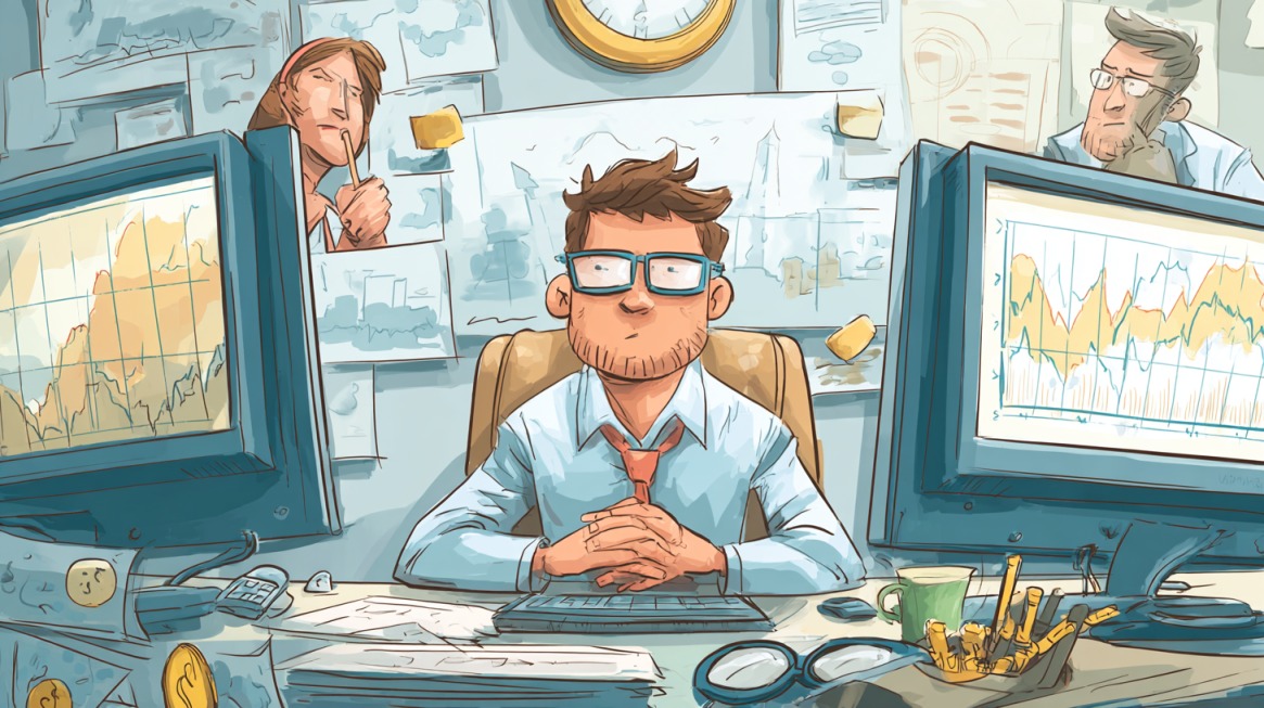 Illustration of a man analyzing data on multiple computer screens in an office