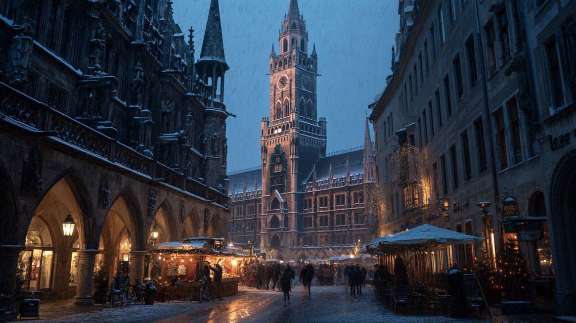 Snowy evening scene of Munich’s city center with lights and people walking through festive market stalls