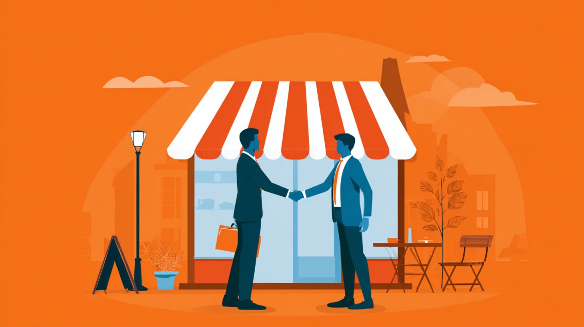 Illustration of two business owners shaking hands in front of a small shop