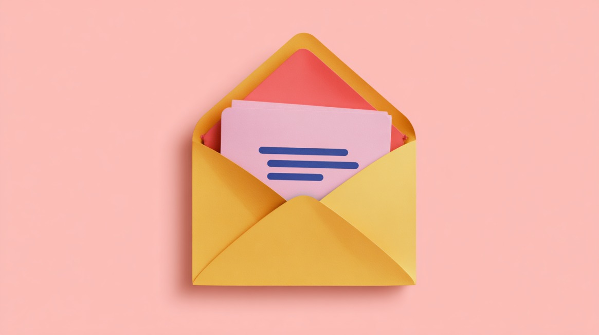 Yellow envelope opened with pink and red cards inside on a pastel background