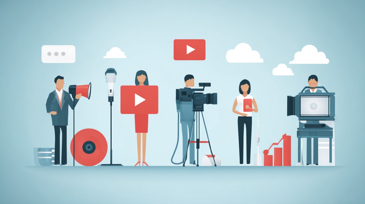 Illustration of people producing videos and digital content with cameras and microphones