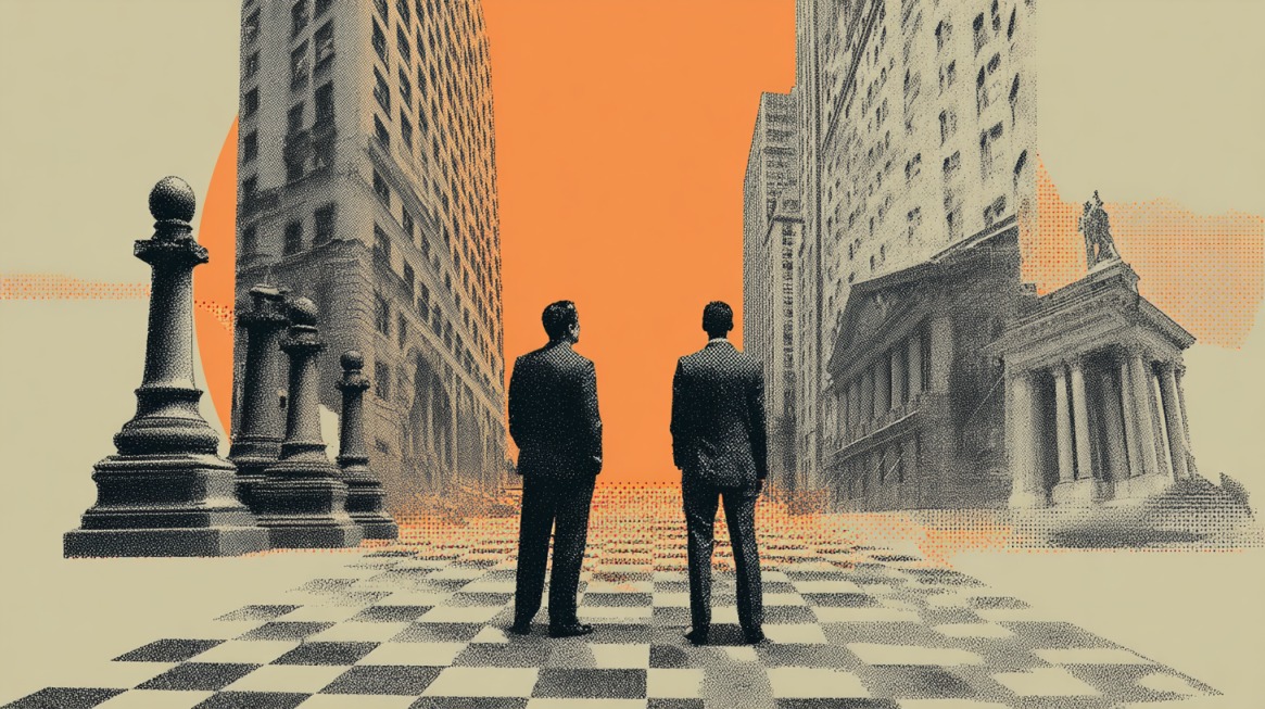 Illustration of two business professionals standing on a chessboard surrounded by large chess pieces and tall city buildings