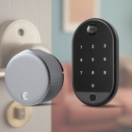 Sleek smart lock with interior knob and exterior keypad mounted on a door