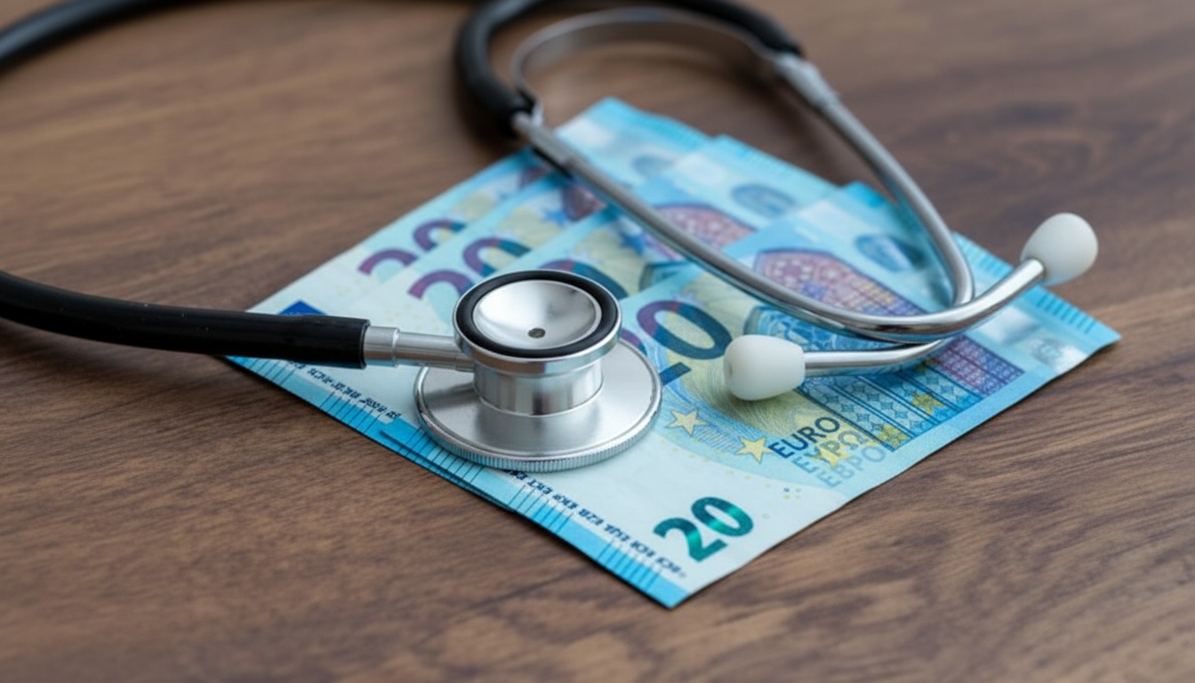 Stethoscope resting on euro banknotes on a wooden table representing healthcare and hidden living expenses in Germany