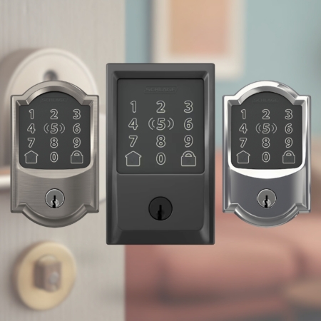 Three modern smart door locks with keypads mounted on a door
