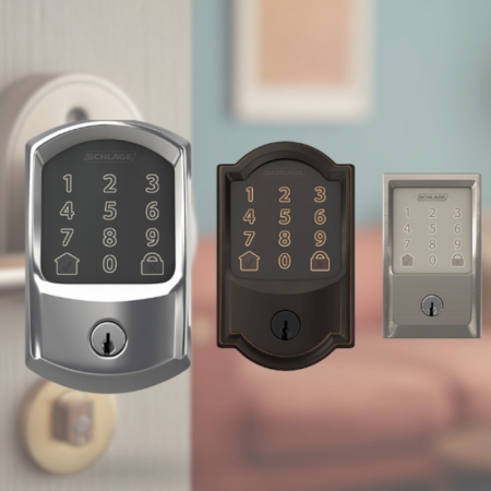 Three Schlage smart WiFi deadbolt locks with illuminated keypads on a door