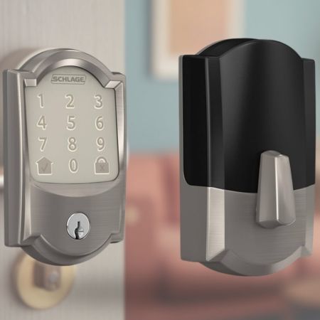 Front and back view of a smart keypad door lock installed on a door