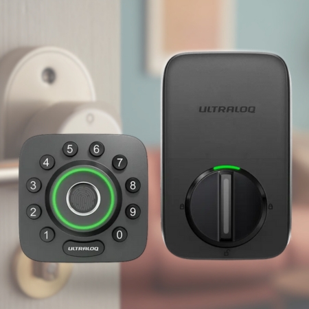 Smart lock with keypad and fingerprint scanner mounted on a door