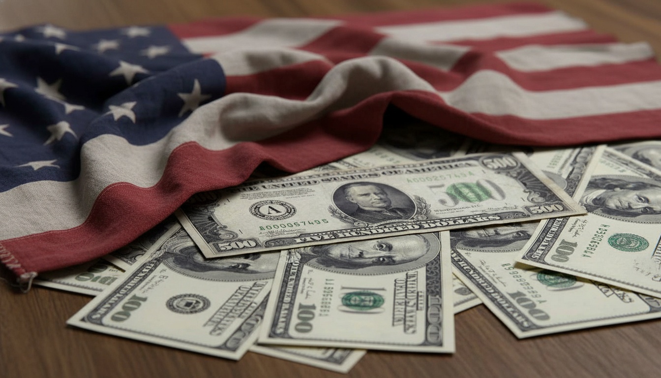 American flag draped over U.S. dollar bills spread across a wooden table