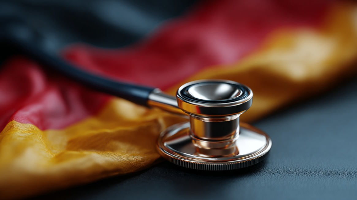 Stethoscope placed on a German flag symbolizing healthcare expenses and living costs in Germany