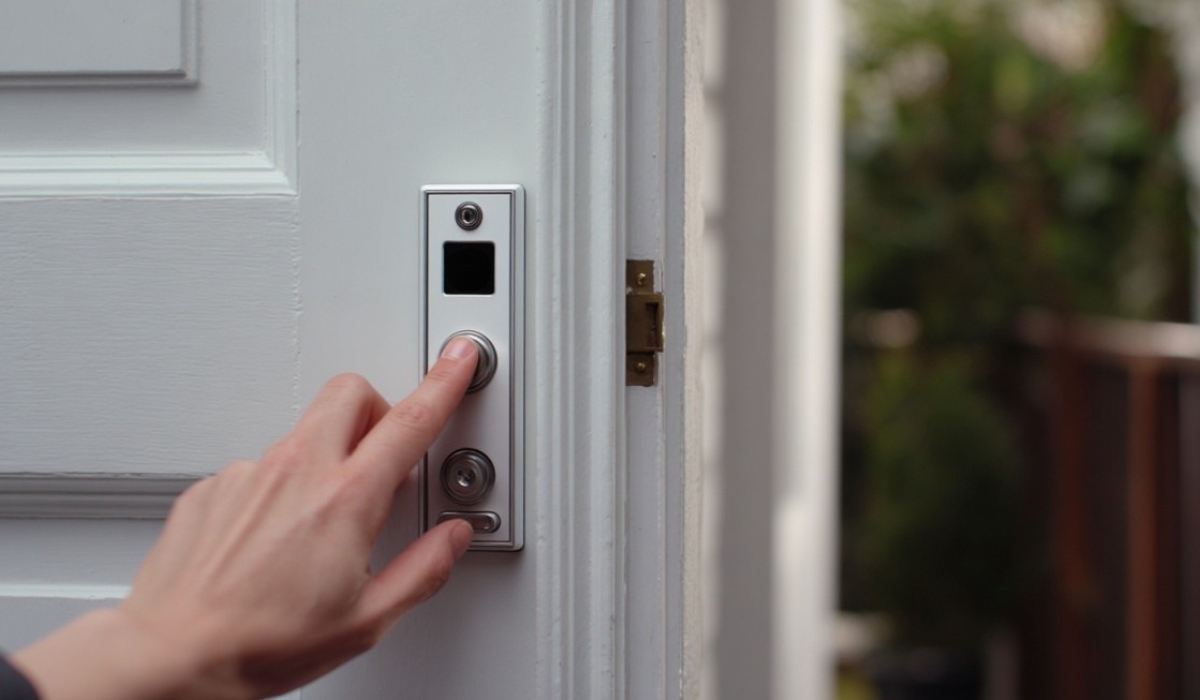Hand pressing a smart door lock button on a residential front door