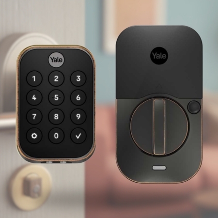 Modern Yale smart lock with keypad and interior turn knob on a door